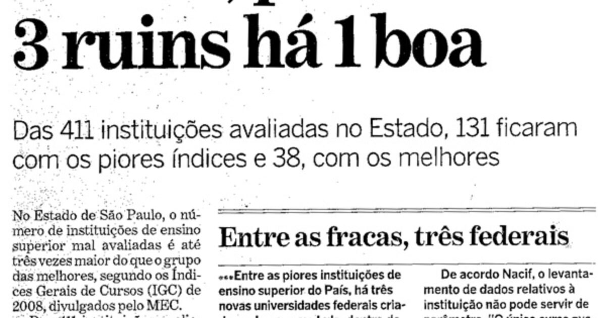 Reportagem do Estadão destaca que as IFES com notas baixas no ENADE foram criadas no Plano de Expansão