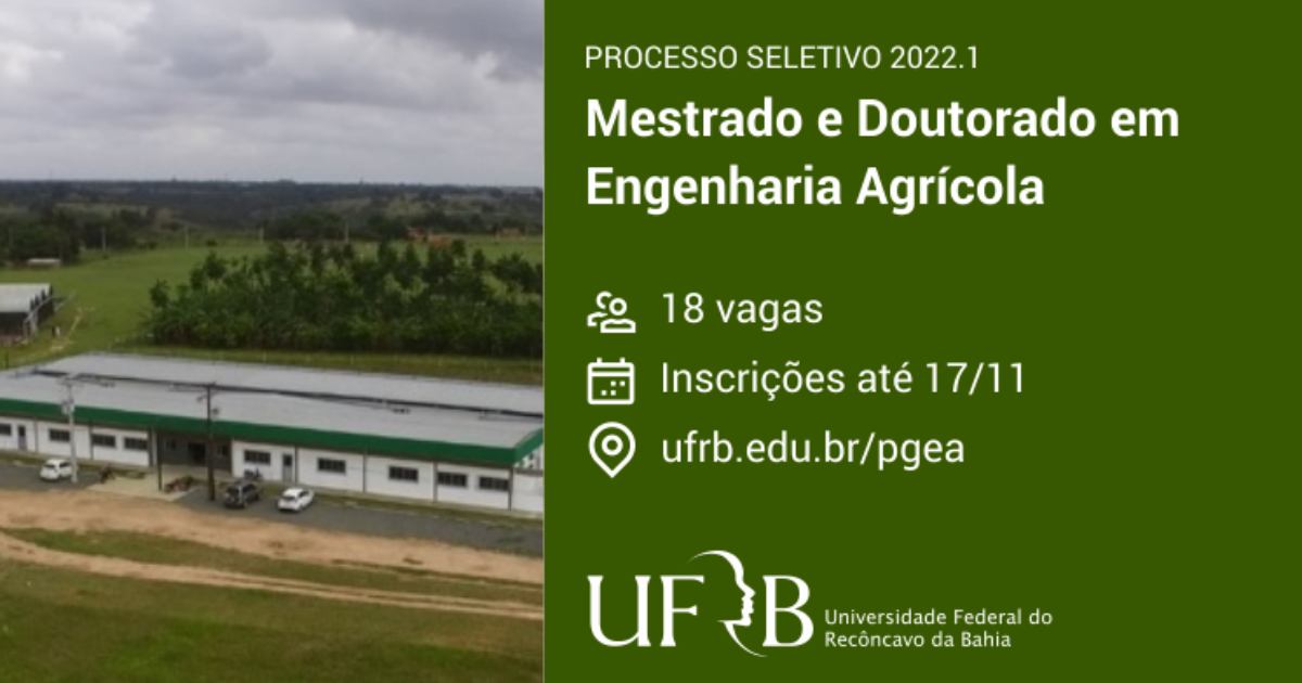 UFRB abre seleção para mestrado e doutorado em Engenharia Agrícola